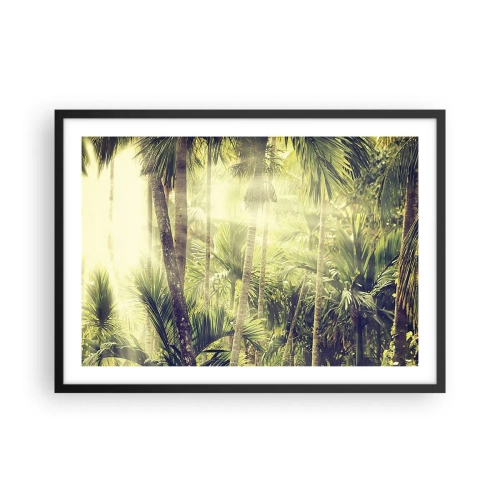 Affiche dans un cadre noir - Poster - Rayons de soleil dans une forêt tropicale de palmiers - 70x50cm - Nature enflammée - Décoration murale moderne pour le salon et la chambre ARTTOR