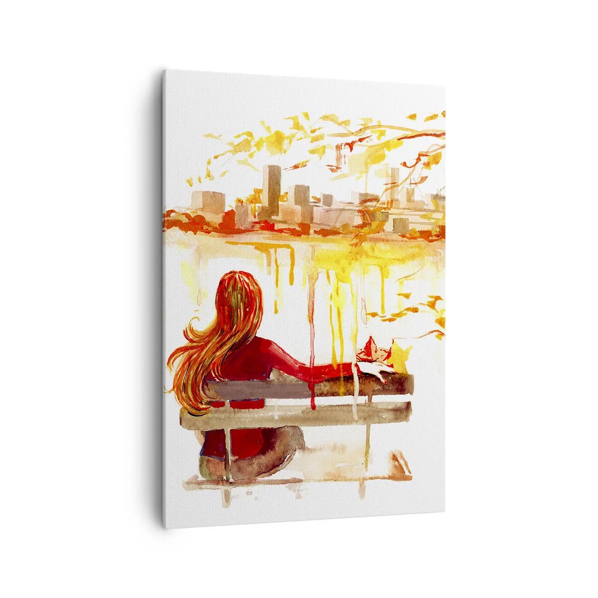 Impression sur toile - Image sur toile - Scène à l'aquarelle d'une femme sur un banc surplombant la ville - 70x100cm - Un moment de réflexion - Décoration murale moderne pour le salon et la chambre ARTTOR