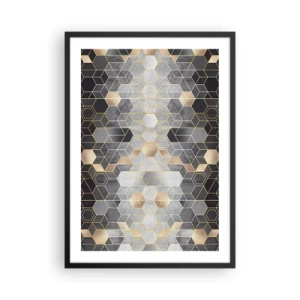Affiche dans un cadre noir - Poster - Motif hexagonal géométrique dans les tons d'or et de gris - 50x70cm - Composition de diamants - Décoration murale moderne pour le salon et la chambre ARTTOR