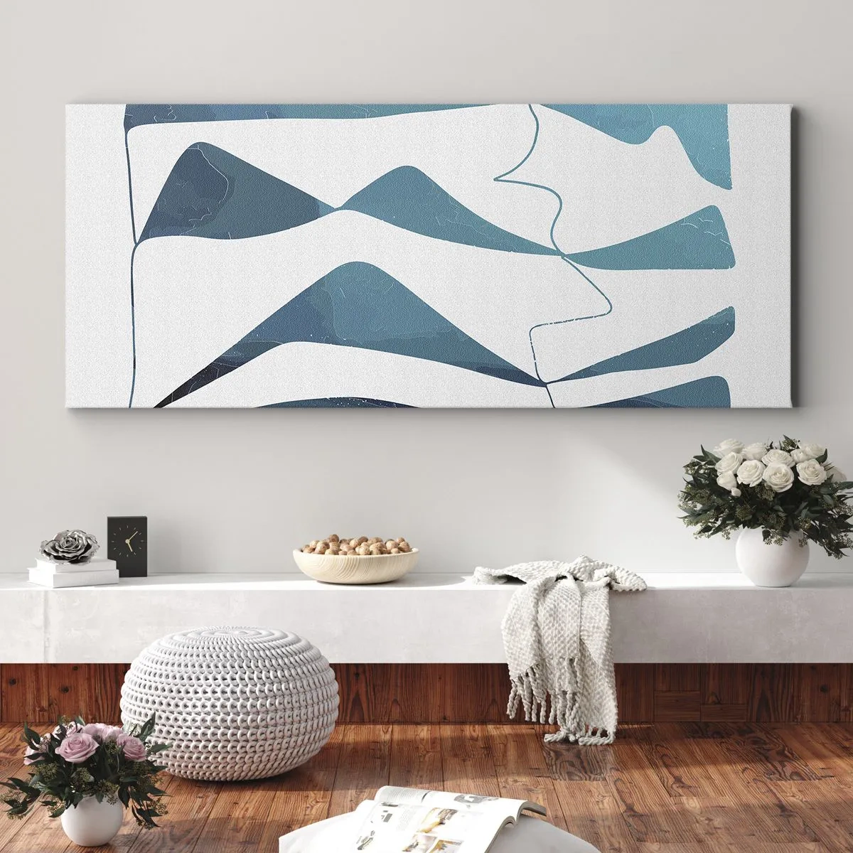 Impression sur toile - Image sur toile - Formes abstraites dans des tons de bleu sur fond blanc - 160x50cm - Abstraction : composé turquoise - Décoration murale moderne pour le salon et la chambre ARTTOR