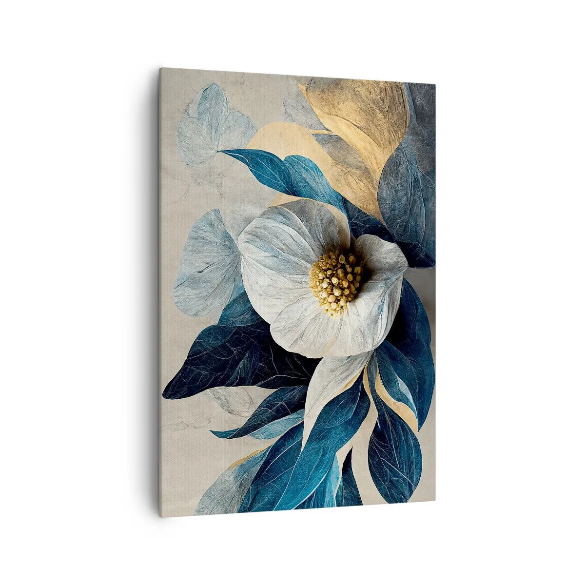 Impression sur toile - Image sur toile - Une fleur aux feuilles bleues sur un fond élégant - 70x100cm - Il a un coeur d'or - Décoration murale moderne pour le salon et la chambre ARTTOR