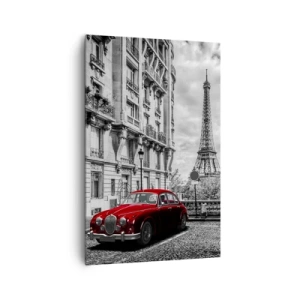 Impression sur toile - Image sur toile - Une voiture rouge avec la Tour Eiffel en arrière-plan dans un décor noir et blanc - 80x120cm - Prédateur dans la ville - Décoration murale moderne pour le salon et la chambre ARTTOR
