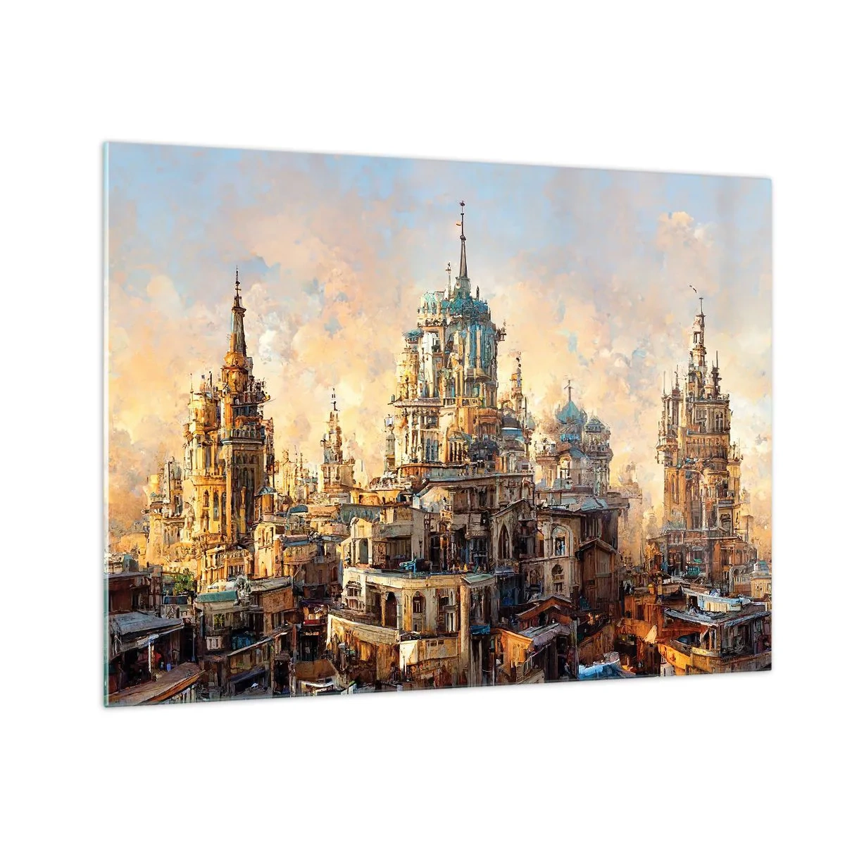 Impression sur verre - Image sur verre - Un panorama fantastique de la ville avec des tours et des palais - 70x50cm - Ville des villes - Décoration murale moderne pour le salon et la chambre ARTTOR
