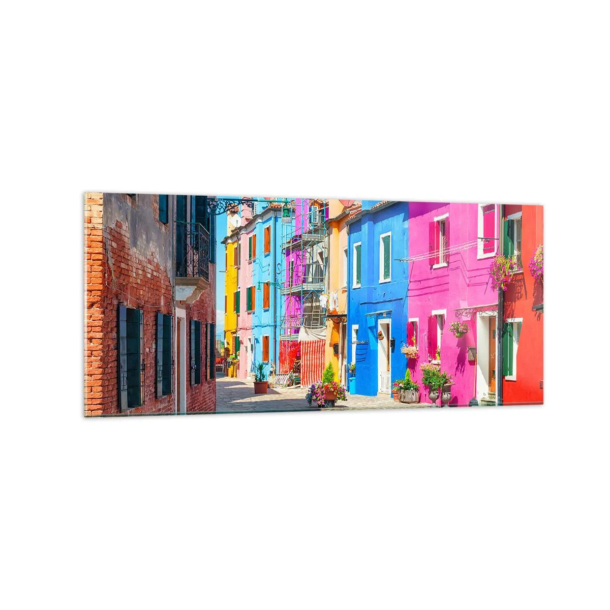 Impression sur verre - Image sur verre - Bâtiments colorés dans une rue étroite de la ville - 120x50cm - Ville "Sous les perroquets" - Décoration murale moderne pour le salon et la chambre ARTTOR