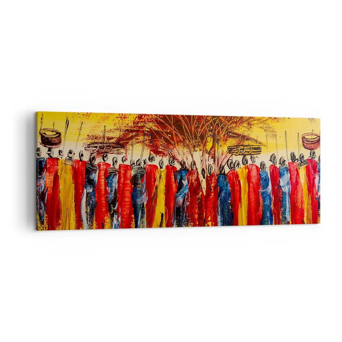 Impression sur toile - Image sur toile - Une scène colorée avec des personnages africains sur fond de soleil couchant. - 140x50cm - Là-bas, là-bas, ils vont là-bas - Décoration murale moderne pour le salon et la chambre ARTTOR