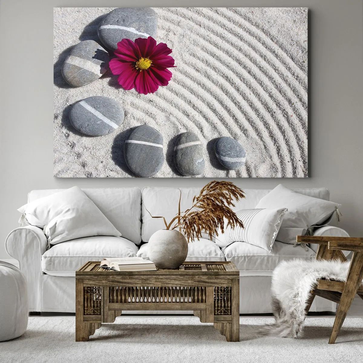 Impression sur toile - Image sur toile - Des pierres et une fleur rose sur le sable dans un style zen - 100x70cm - Énergie et paix du cercle magique de la nature - Décoration murale moderne pour le salon et la chambre ARTTOR
