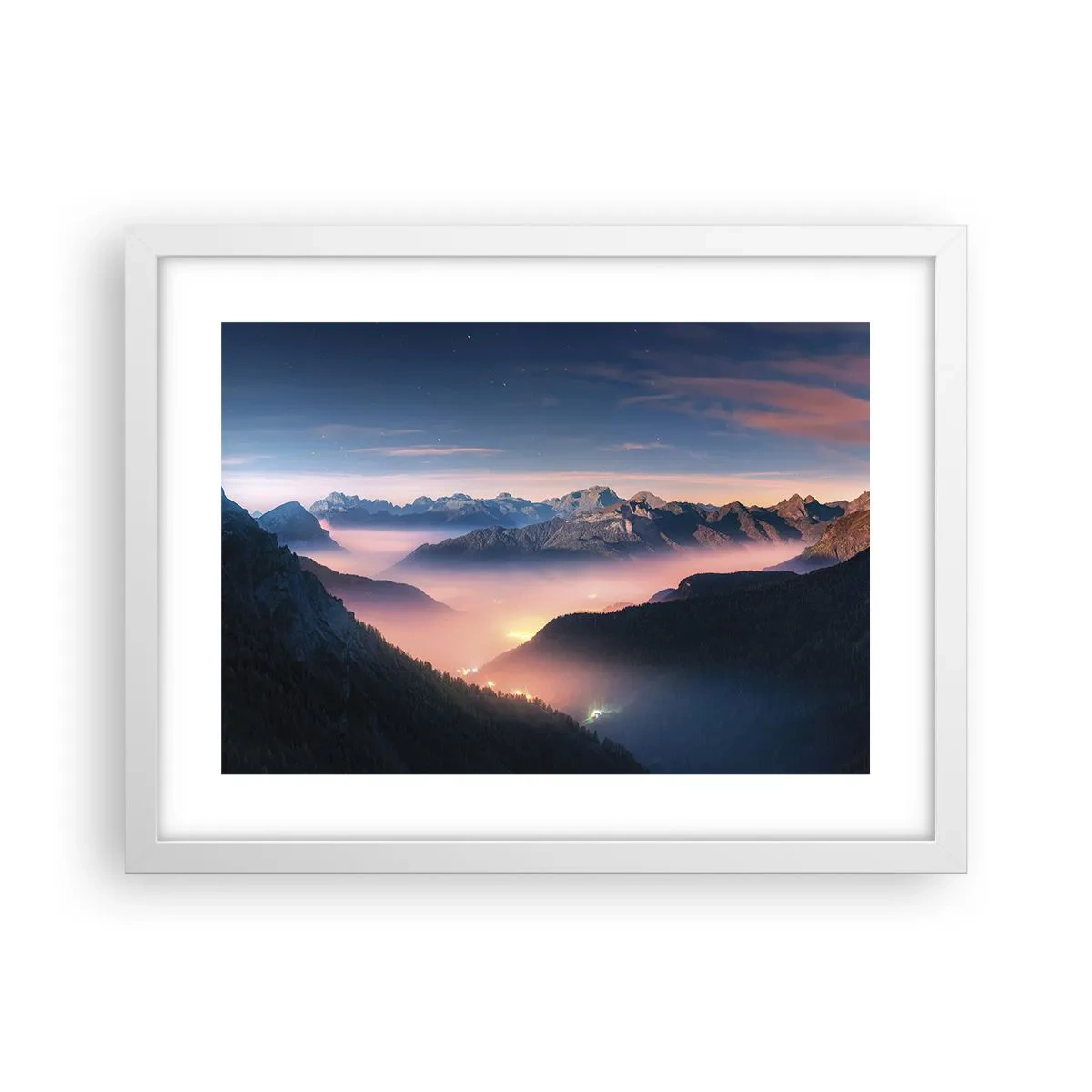 Affiche dans un cadre blanc - Poster - Lumière dans les vallées - 40x30 cm