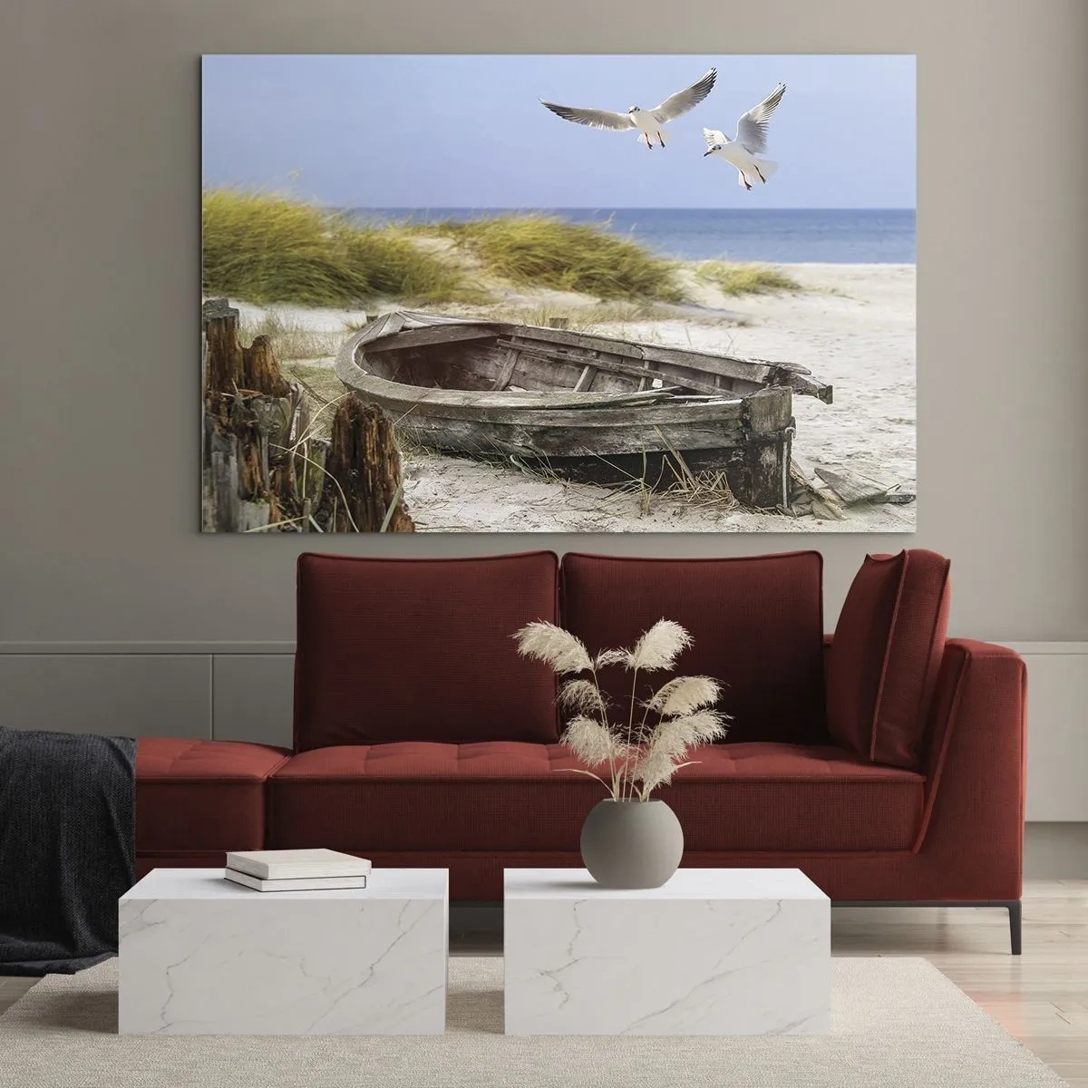 Impression sur verre - Image sur verre - Bateau en bois sur la plage avec des mouettes en vol - 120x80cm - Bain de vent - Décoration murale moderne pour le salon et la chambre ARTTOR