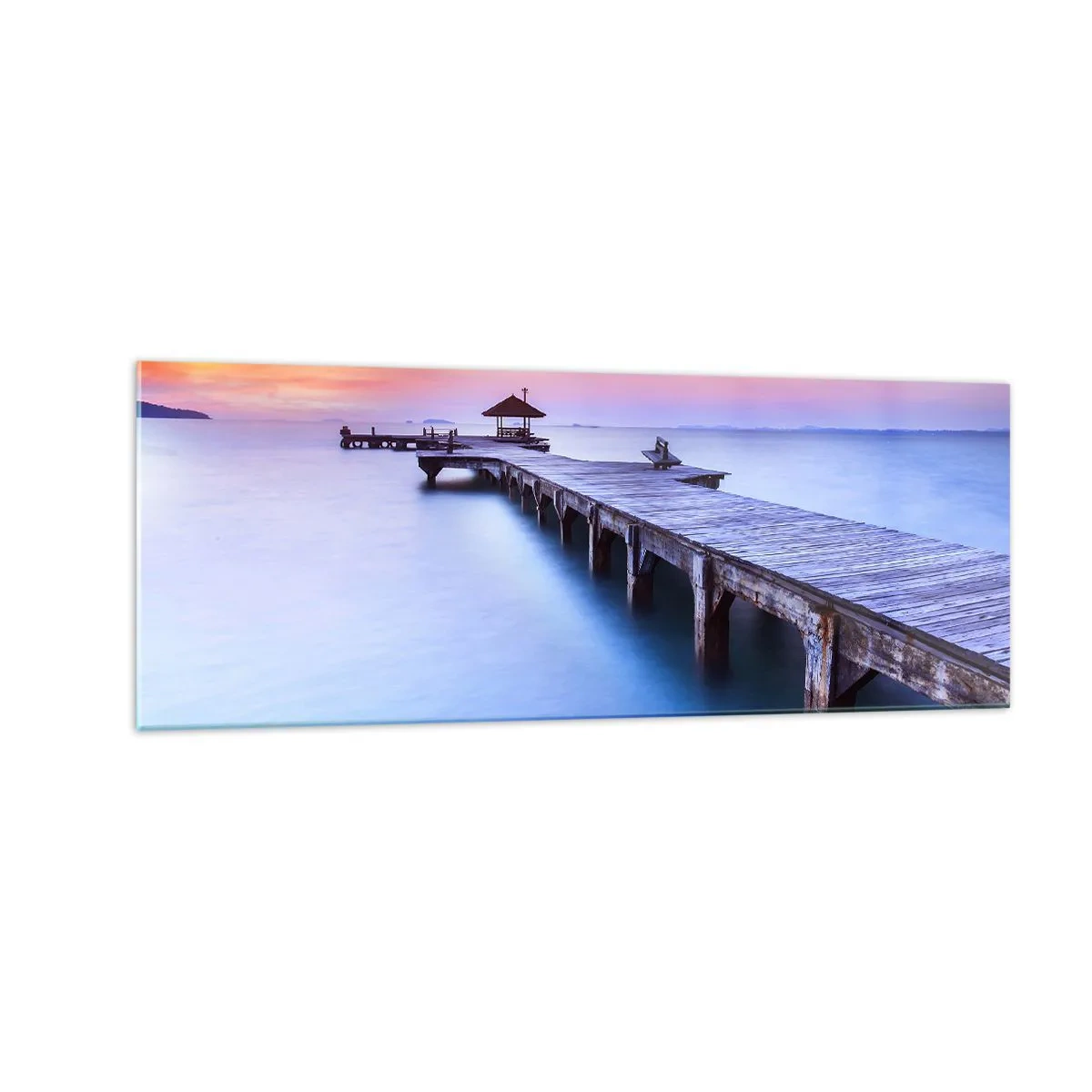 Impression sur verre - Image sur verre - Jetée en bois donnant sur l'eau au coucher du soleil - 140x50cm - Une mer de calme jusqu'à l'horizon - Décoration murale moderne pour le salon et la chambre ARTTOR