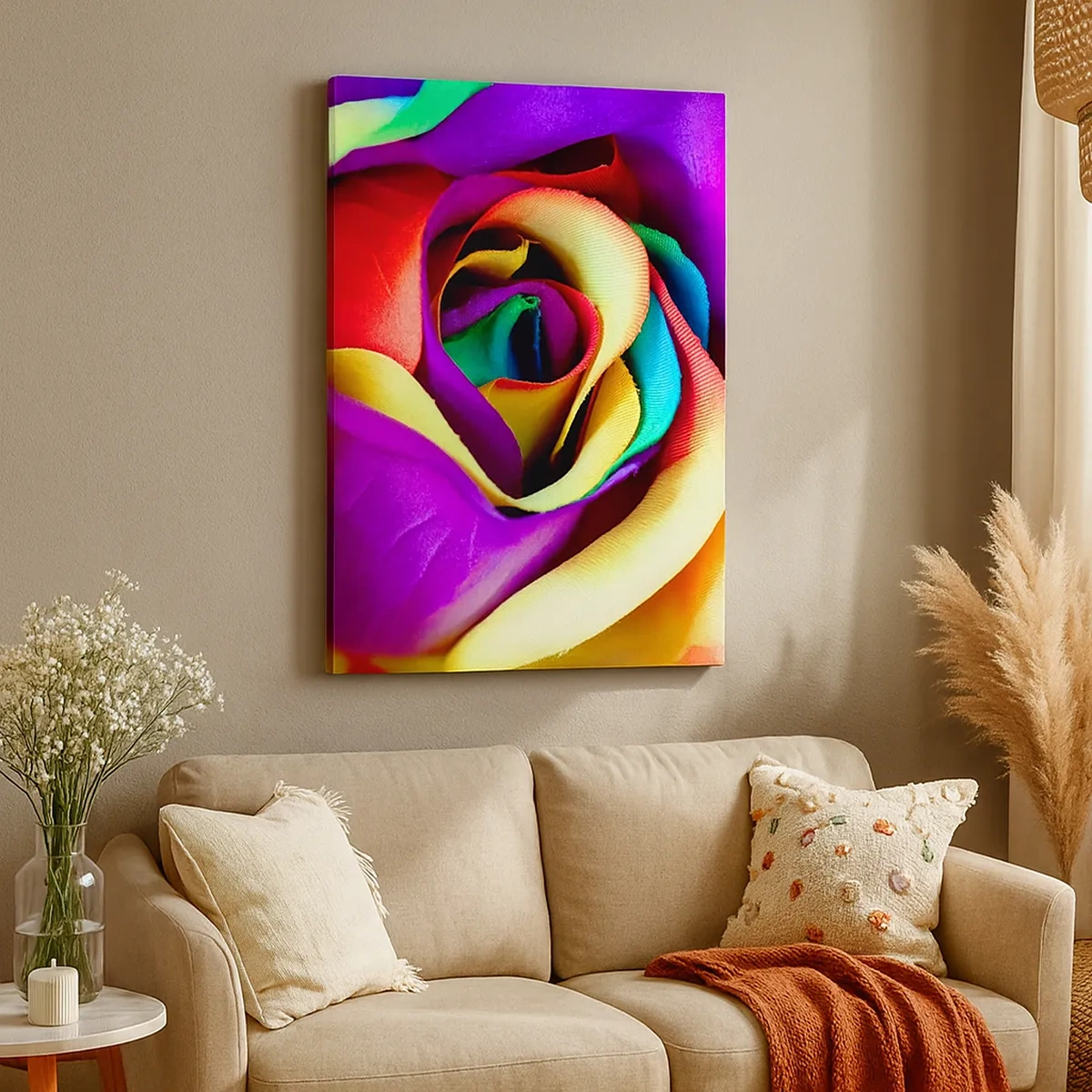 Impression sur toile - Image sur toile - Une rose colorée aux nuances de l'arc-en-ciel - 50x70cm - Ce n'est pas possible - Décoration murale moderne pour le salon et la chambre ARTTOR