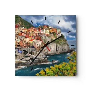 Horloge murale - Pendule murale - Maisons colorées sur une falaise surplombant la mer aux Cinque Terre - 30x30cm - Un groupe embrassant les rochers - Décoration murale moderne pour le salon et la chambre ARTTOR