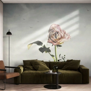 Papier Peint Photo Premium Canvas - Une rose délicate contre un ciel lumineux avec des oiseaux en vol - 100x70cm - Bonjour de printemps - Décoration murale moderne pour le salon et la chambre ARTTOR