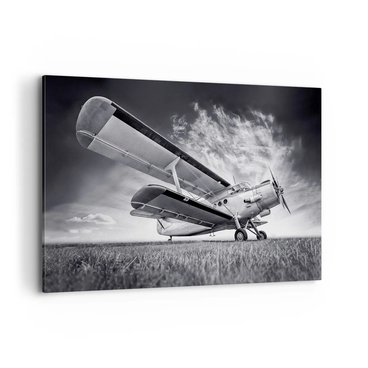 Impression sur toile - Image sur toile - Un avion contre un ciel dramatique en noir et blanc - 120x80cm - Le pèlerin ailé - Décoration murale moderne pour le salon et la chambre ARTTOR