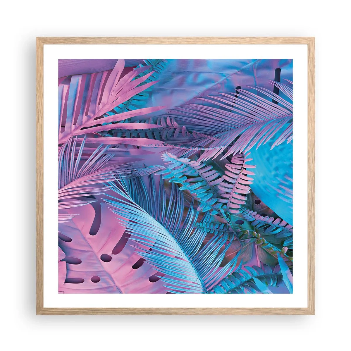 Affiche dans un chêne clair - Poster - Les tropiques en rose et bleu - 60x60 cm
