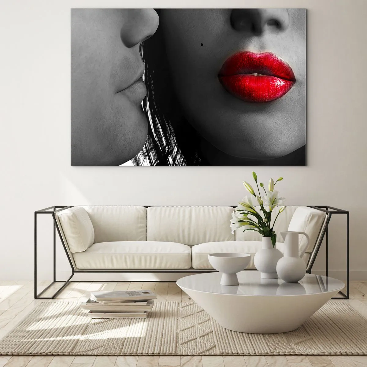 Impression sur verre - Image sur verre - Des lèvres sensuelles dans une photo contrastée - 100x70cm - Face à face - Décoration murale moderne pour le salon et la chambre ARTTOR