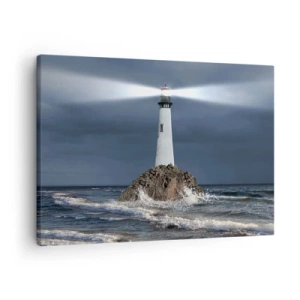 Impression sur toile - Image sur toile - Un phare sur un rocher entouré d'une mer agitée - 70x50cm - I… i… ici ! - Décoration murale moderne pour le salon et la chambre ARTTOR
