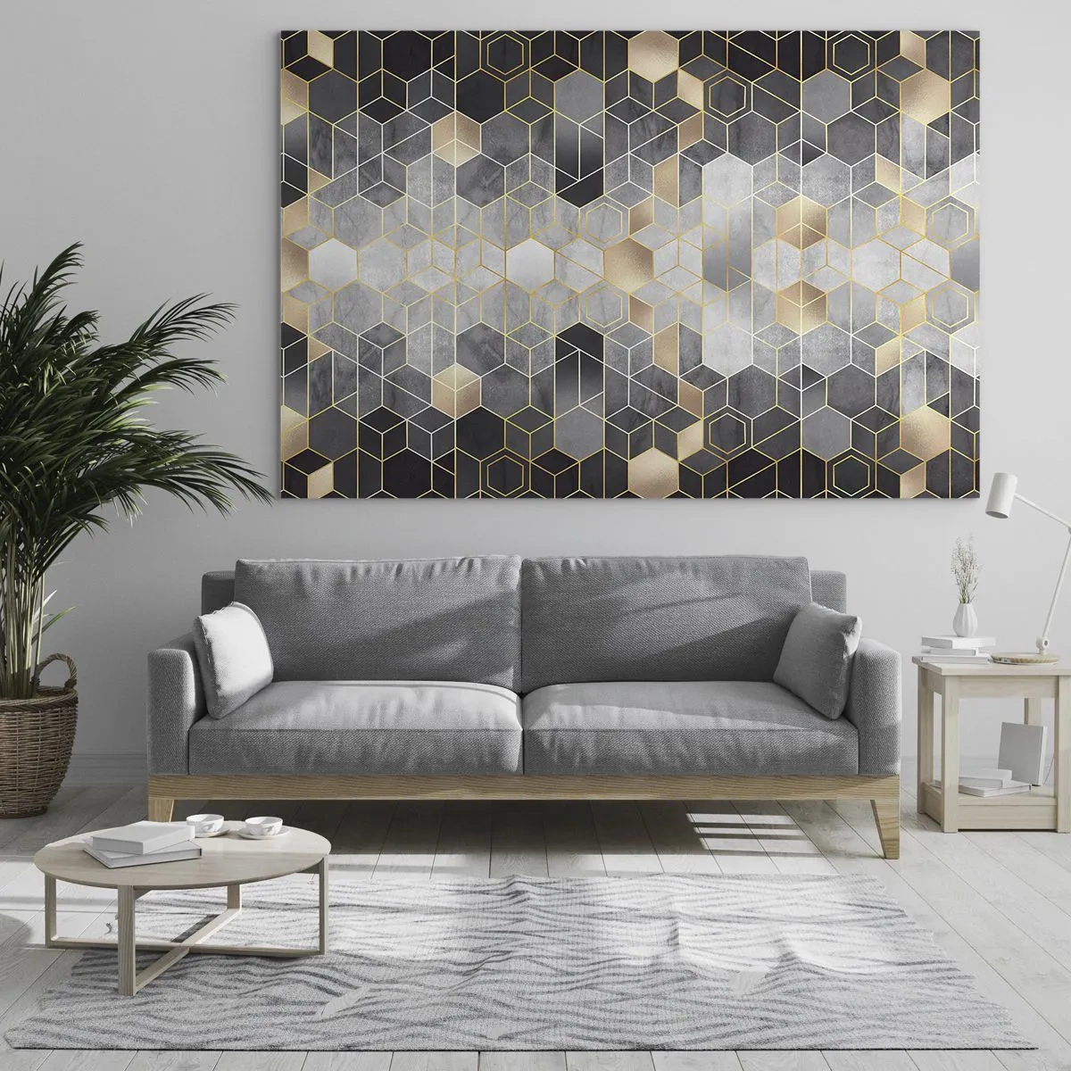 Impression sur verre - Image sur verre - Motif géométrique d'hexagones en lignes dorées - 70x50cm - Composition de diamants - Décoration murale moderne pour le salon et la chambre ARTTOR