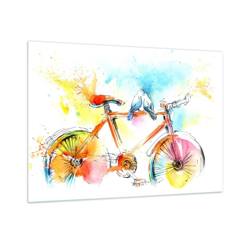 Impression sur verre - Image sur verre - Un vélo coloré avec des oiseaux assis sur le guidon - 100x70cm - À deux en vélo - Décoration murale moderne pour le salon et la chambre ARTTOR