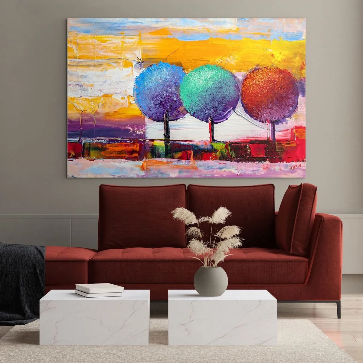 Impression sur verre - Image sur verre - Arbres abstraits colorés sur un fond intense - 120x80cm - Art jusqu'à trois - Décoration murale moderne pour le salon et la chambre ARTTOR