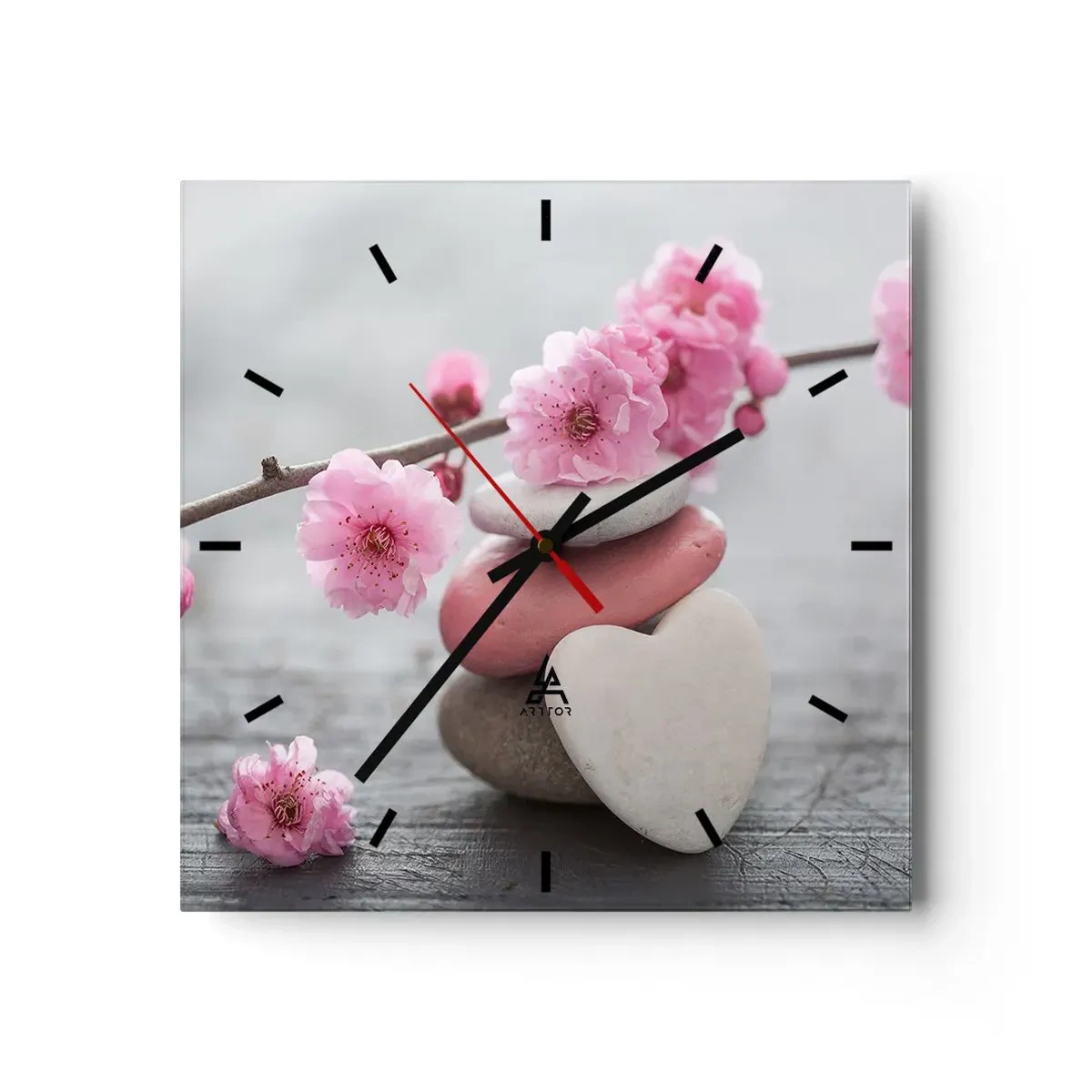 Horloge murale - Pendule murale - Fleurs de cerisier délicates avec des pierres en forme de cœur - 30x30cm - Le bonheur avec une fleur de cerisier - Décoration murale moderne pour le salon et la chambre ARTTOR