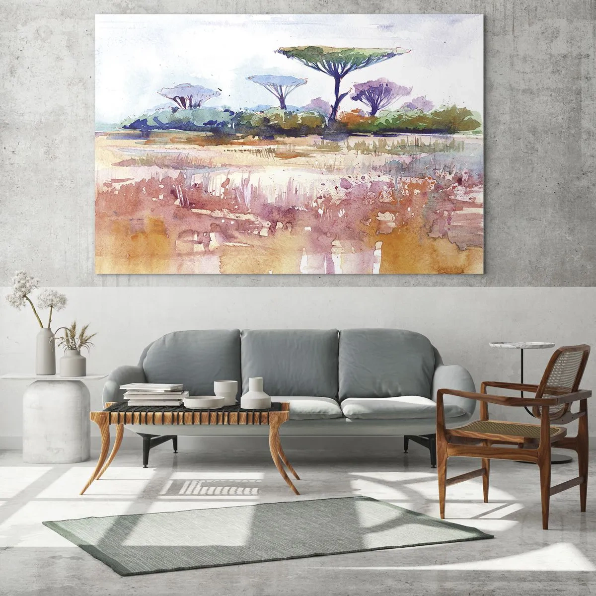 Impression sur verre - Image sur verre - Paysage de savane à l'aquarelle avec arbres et végétation - 100x70cm - Couleurs de savane - Décoration murale moderne pour le salon et la chambre ARTTOR