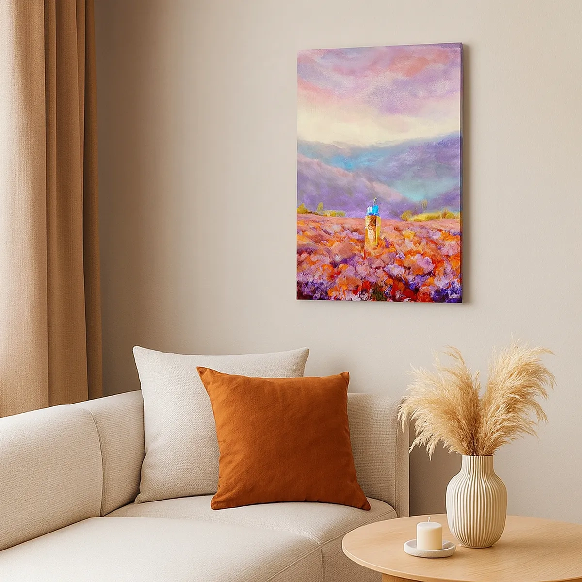 Impression sur toile - Image sur toile - Une femme portant un chapeau marchant dans un champ de lavande. - 50x70cm - Dans un monde lavande - Décoration murale moderne pour le salon et la chambre ARTTOR