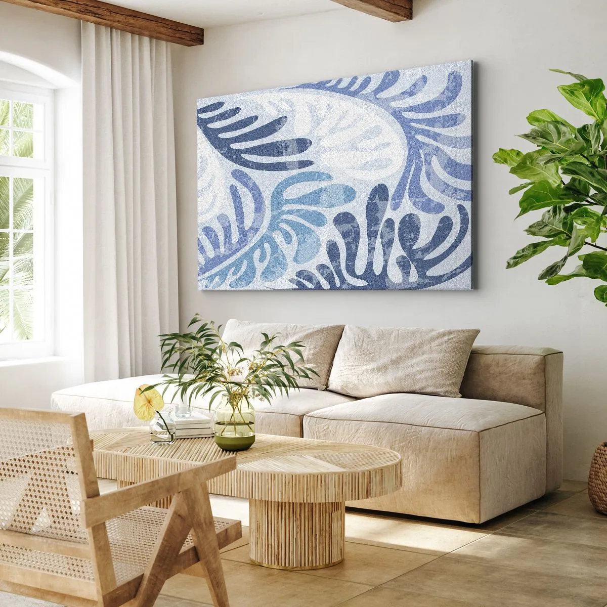 Impression sur toile - Image sur toile - Formes abstraites dans des tons de bleu sur fond blanc - 120x80cm - Fougères bleues - Décoration murale moderne pour le salon et la chambre ARTTOR