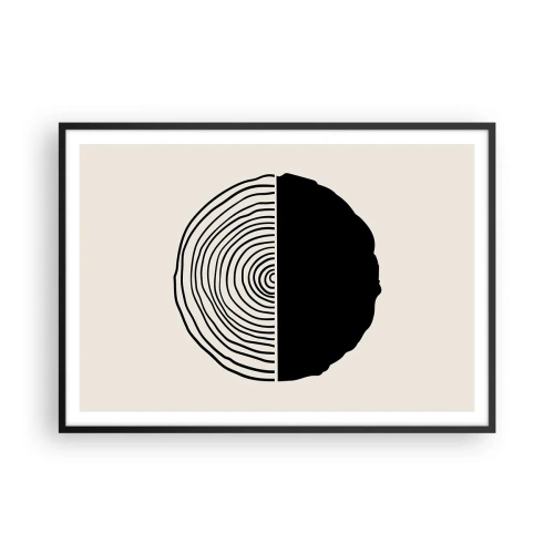Affiche dans un cadre noir - Poster - Un motif abstrait en noir et blanc inspiré d'une coupe transversale de bois avec une division géométrique. - 100x70cm - Moitié-moitié - Décoration murale moderne pour le salon et la chambre ARTTOR