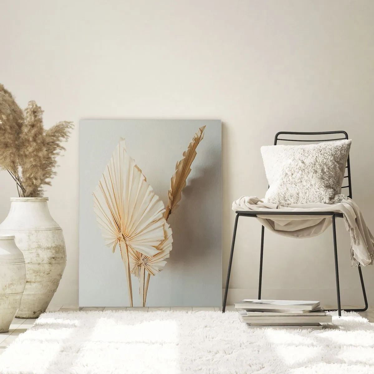 Impression sur verre - Image sur verre - Feuilles de palmier séchées dans des tons beiges sur fond clair - 50x70cm - Quand tu dois t’apaiser - Décoration murale moderne pour le salon et la chambre ARTTOR