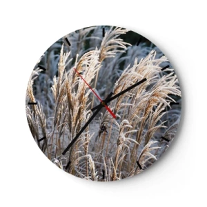 Horloge murale - Pendule murale - Herbes dorées couvertes de givre dans un paysage hivernal - 30x30cm - Habillé de givre - Décoration murale moderne pour le salon, la cuisine et la chambre ARTTOR