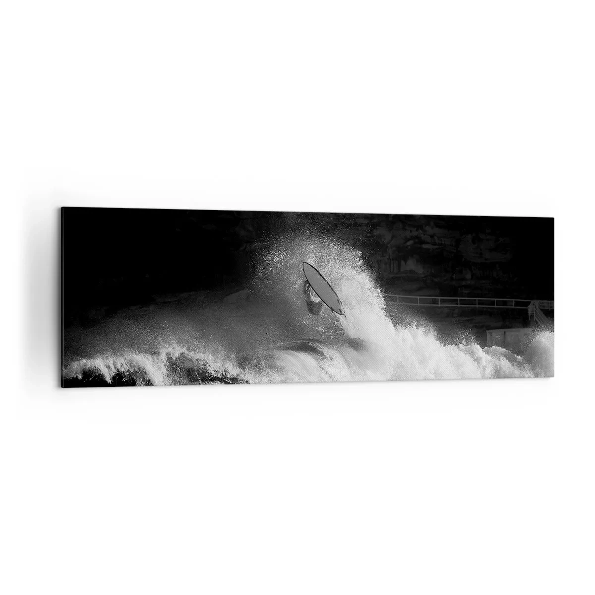 Impression sur toile - Image sur toile - Un surfeur sur une vague en monochrome - 160x50cm - Défi accepté! - Décoration murale moderne pour le salon et la chambre ARTTOR