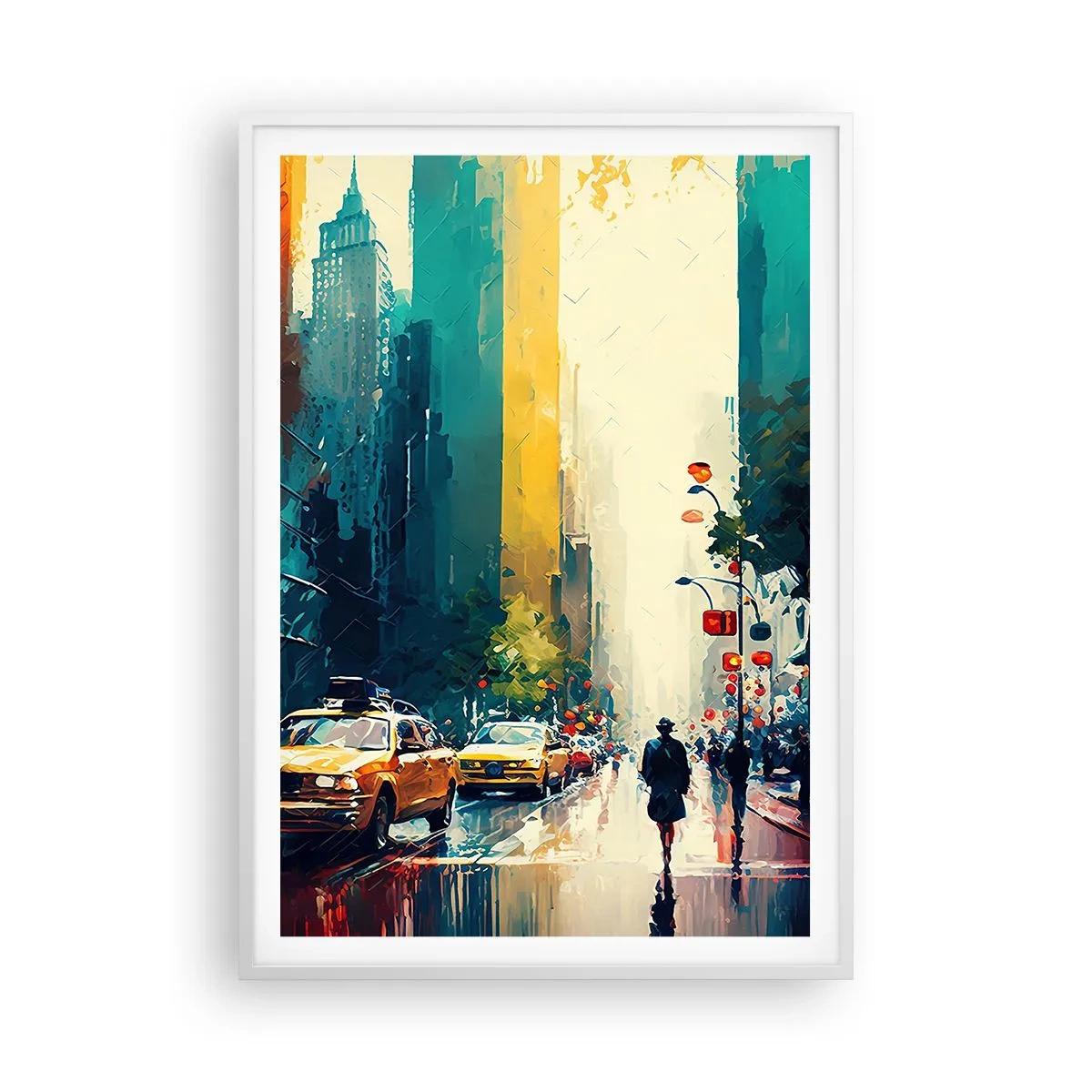 Affiche dans un cadre blanc - Poster - New York – ici même la pluie est colorée - 70x100 cm