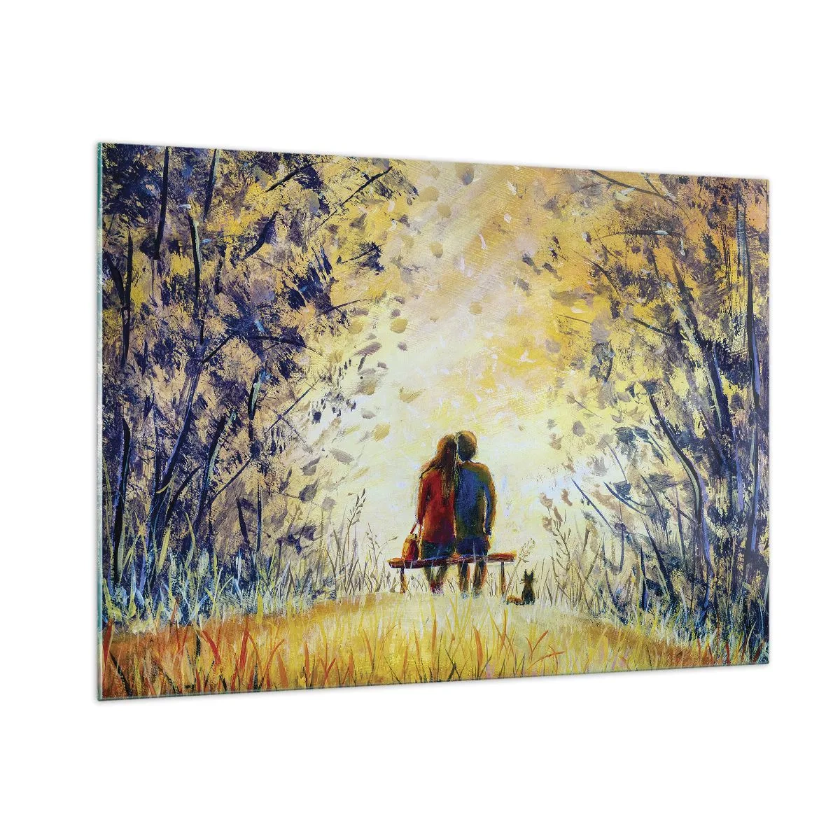 Impression sur verre - Image sur verre - Un couple sur un banc dans un moment magique - 100x70cm - Moment magique - Décoration murale moderne pour le salon et la chambre ARTTOR