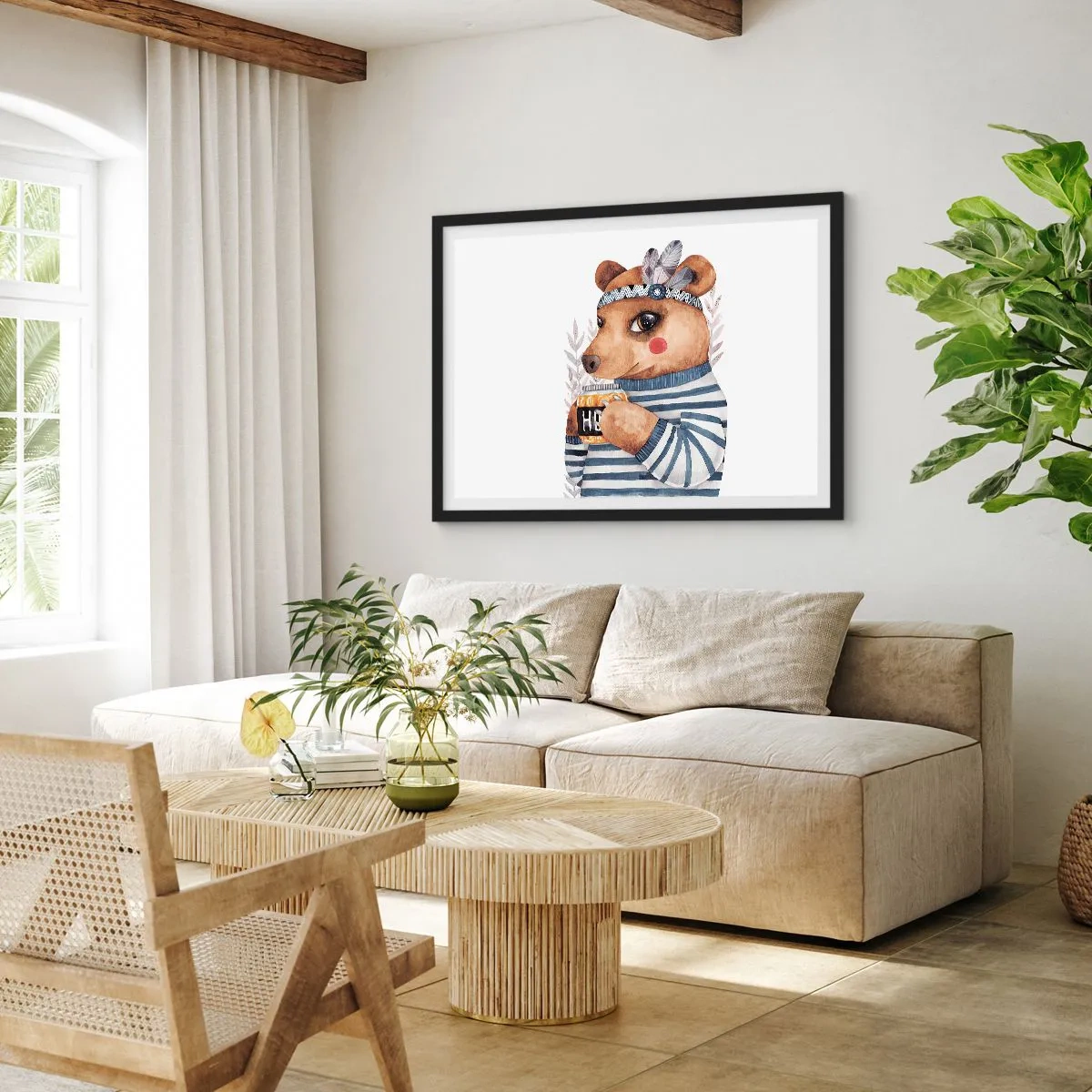 Affiche dans un cadre noir - Poster - Un ours en peluche dans un pull rayé avec une tasse de miel - 70x50cm - Un nounours trop mignon - Décoration murale moderne pour le salon et la chambre ARTTOR
