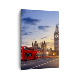 Impression sur toile - Image sur toile - Un bus rouge avec Big Ben et les Chambres du Parlement en arrière-plan au crépuscule. - 50x70cm - Caractères spéciaux - Décoration murale moderne pour le salon et la chambre ARTTOR
