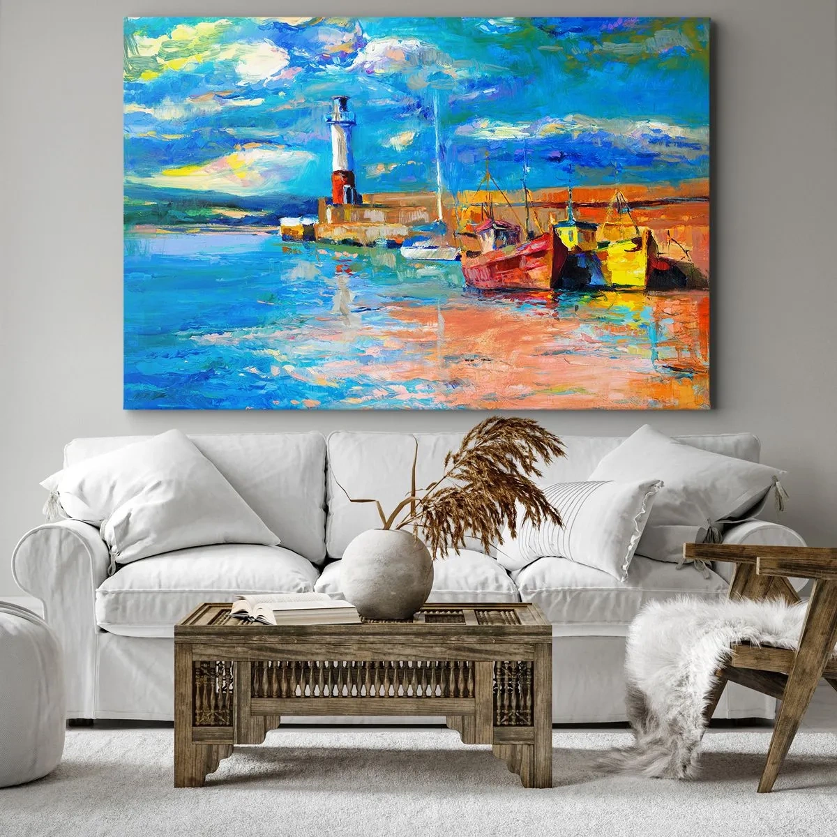 Impression sur toile - Image sur toile - Port de pêche avec bateaux et phare aux couleurs vives - 120x80cm - Un après-midi dans la baie arc-en-ciel - Décoration murale moderne pour le salon et la chambre ARTTOR