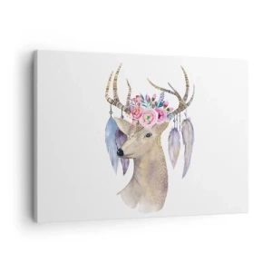 Impression sur toile - Image sur toile - Cerf romantique avec fleurs et plumes - 70x50cm - Guide de l'âme - doux, innocent - Décoration murale moderne pour le salon et la chambre ARTTOR