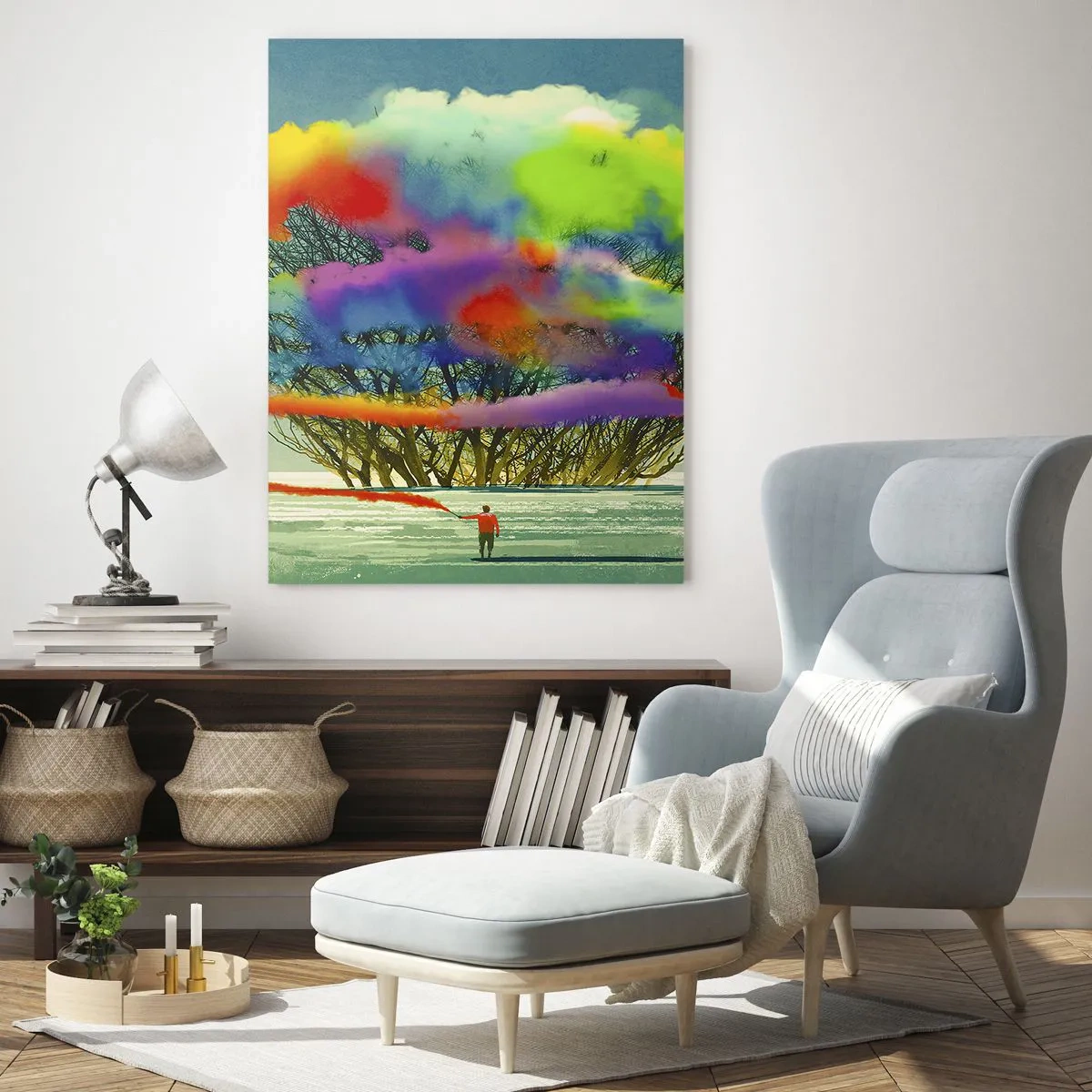 Impression sur verre - Image sur verre - Une silhouette avec de la fumée colorée à l'arrière-plan d'un arbre dans la nature - 70x100cm - Donner vie à ce monde - Décoration murale moderne pour le salon et la chambre ARTTOR