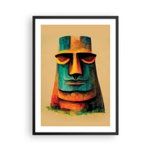 Affiche dans un cadre noir - Poster - Une interprétation colorée d'une statue Moai sur fond beige - 50x70cm - Statuesque et sympathique - Décoration murale moderne pour le salon et la chambre ARTTOR