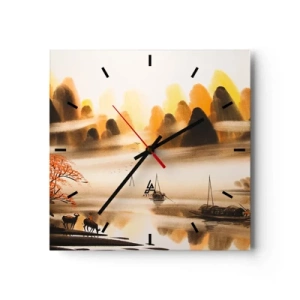 Horloge murale - Pendule murale - Un paysage oriental avec une rivière, des montagnes et un doux brouillard. - 30x30cm - Plus loin que l'Extrême-Orient - Décoration murale moderne pour le salon et la chambre ARTTOR