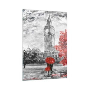 Impression sur verre - Image sur verre - Big Ben avec un bus rouge et un parapluie sur fond d'arbres d'automne - 50x70cm - Une journée passionnante - Décoration murale moderne pour le salon et la chambre ARTTOR