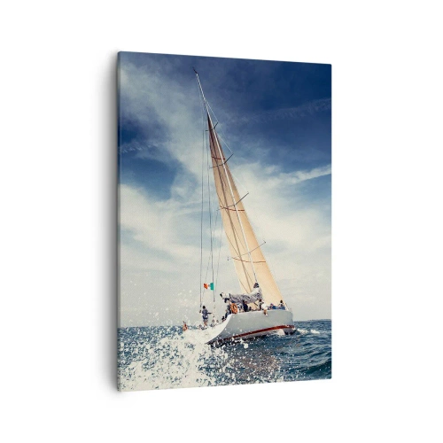 Impression sur toile - Image sur toile - Un voilier sur une mer agitée sous un ciel bleu - 50x70cm - Ils ne nous rattraperont pas ! - Décoration murale moderne pour le salon et la chambre ARTTOR