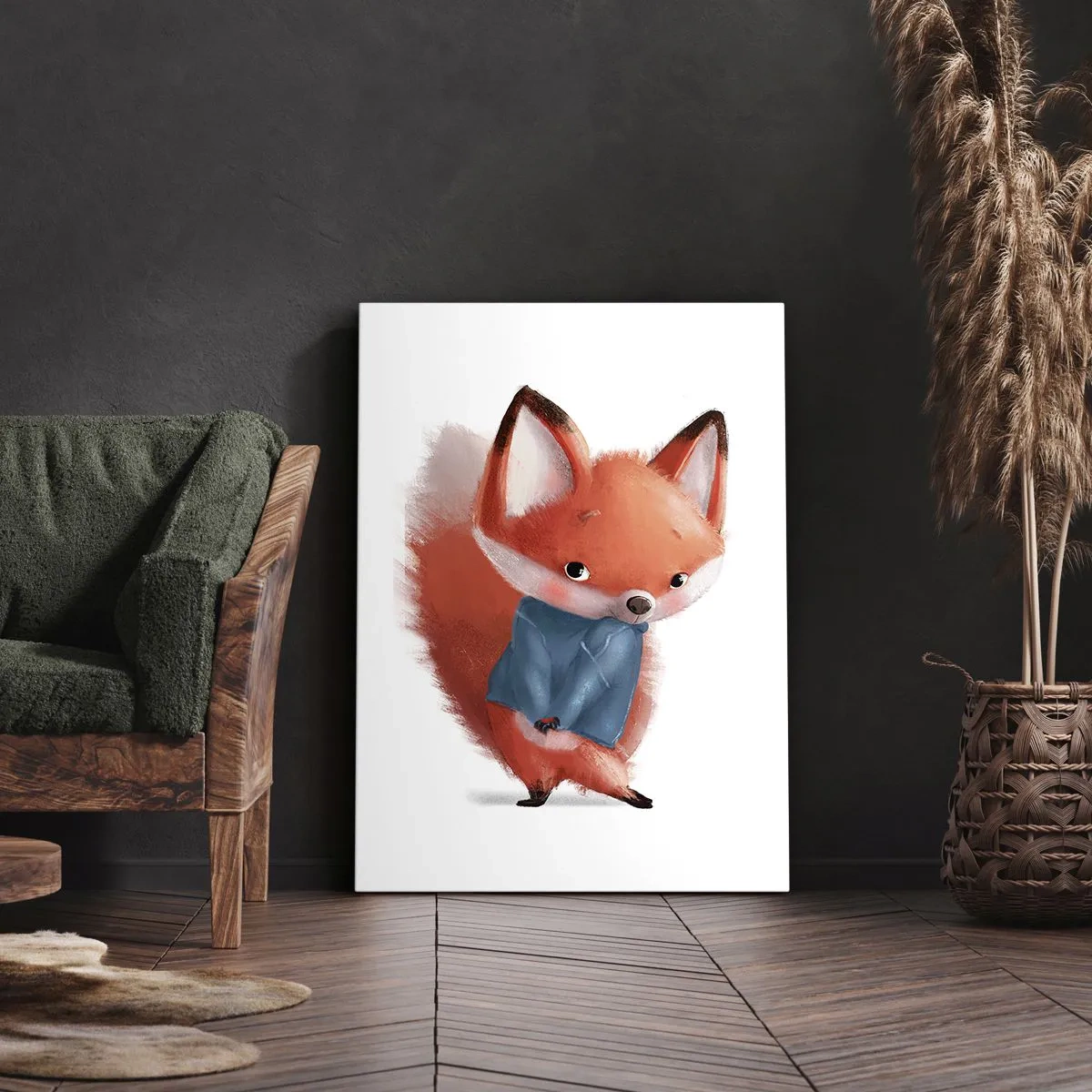 Impression sur toile - Image sur toile - Un renard mignon dans un costume bleu - 50x70cm - Est-ce que ça me va? - Décoration murale moderne pour le salon et la chambre ARTTOR