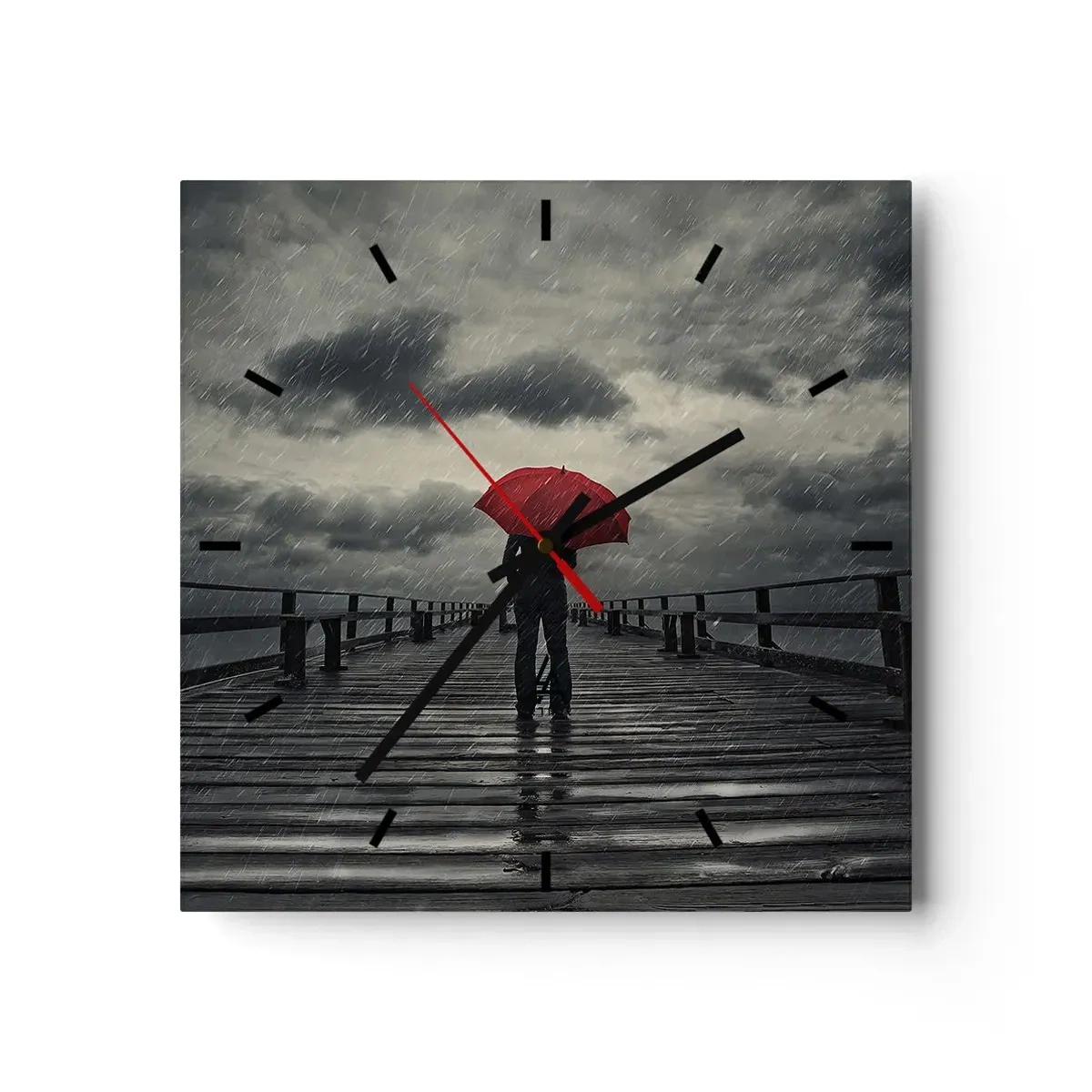 Horloge murale - Pendule murale - Une personne avec un parapluie rouge sur une jetée pluvieuse - 30x30cm - Peu importe qu'il pleuve - Décoration murale moderne pour le salon et la chambre ARTTOR