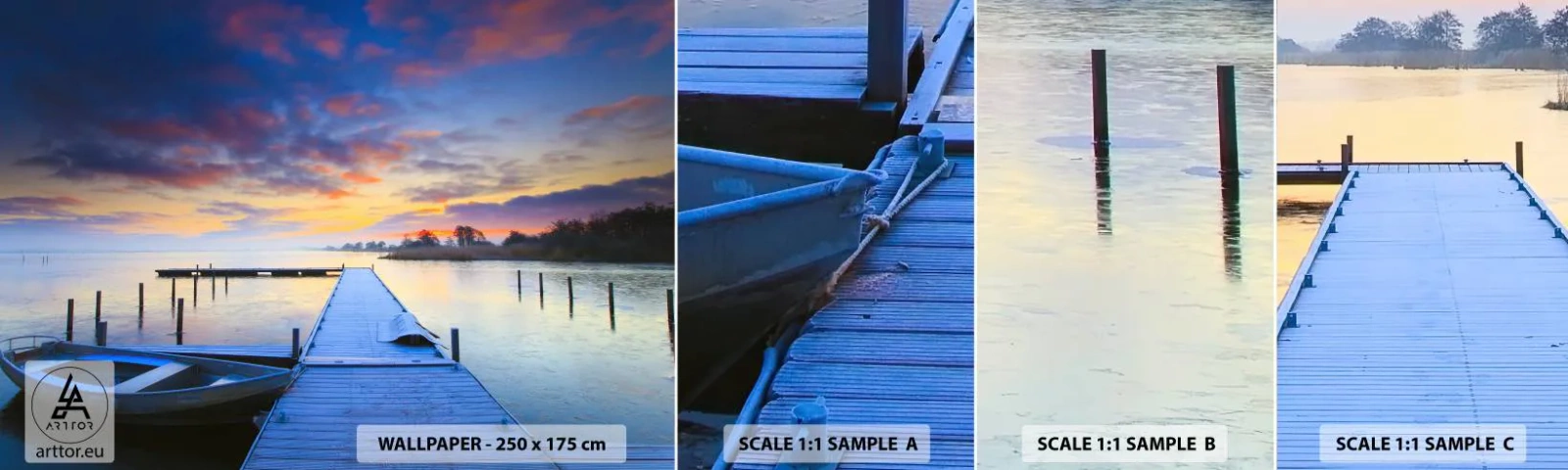 Échantillon de Papier Peint Autocollant Deluxe Sticker - Calme violet-doré - Paysage, Lac, Bateau - 100x30 cm