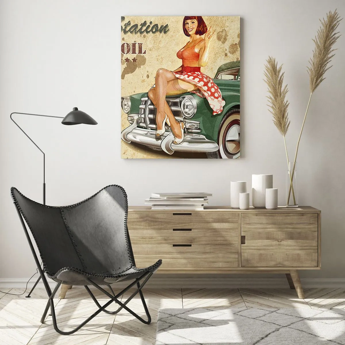Impression sur verre - Image sur verre - Affiche rétro de la Route 66 avec une pin-up et une voiture - 80x120cm - Les superbes années 40. - Décoration murale moderne pour le salon et la chambre ARTTOR