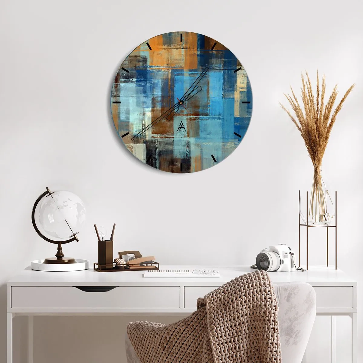 Horloge murale - Pendule murale - Rectangles abstraits dans les tons de bleu et de marron - 30x30cm - A travers le voile bleu - Décoration murale moderne pour le salon, la cuisine et la chambre ARTTOR