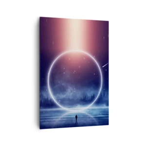 Impression sur toile - Image sur toile - Un paysage magique avec une silhouette et un cercle de lumière la nuit - 70x100cm - Ils sont déjà là... - Décoration murale moderne pour le salon et la chambre ARTTOR