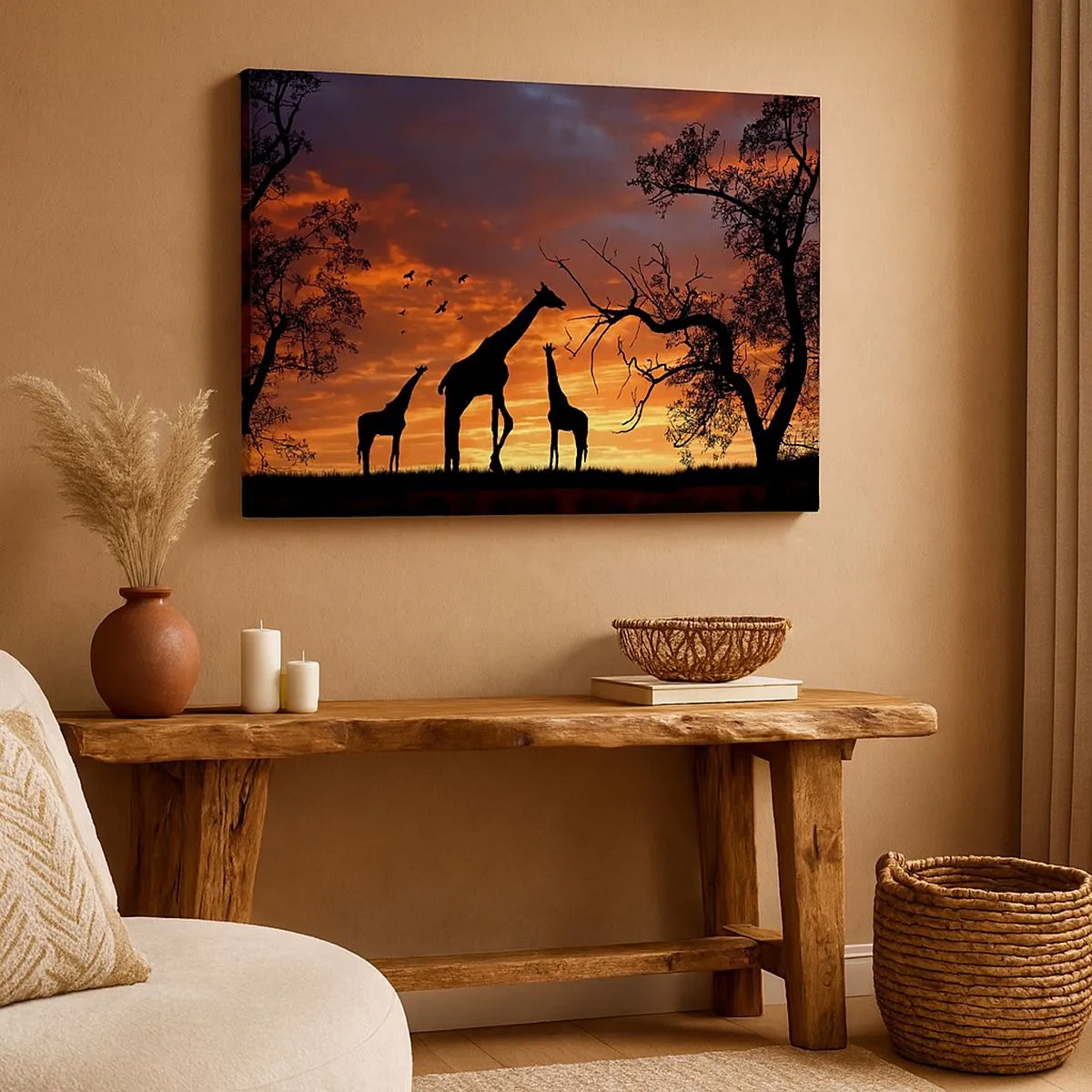 Impression sur toile - Image sur toile - Silhouettes de girafes sur fond de coucher de soleil africain - 70x50cm - Un petit dîner avec vos proches - Décoration murale moderne pour le salon et la chambre ARTTOR