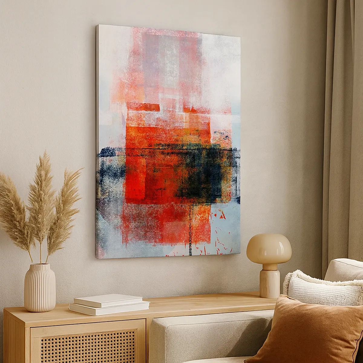 Impression sur toile - Image sur toile - Composition géométrique abstraite avec des accents rouges et oranges - 50x70cm - Composition embrasée - Décoration murale moderne pour le salon et la chambre ARTTOR